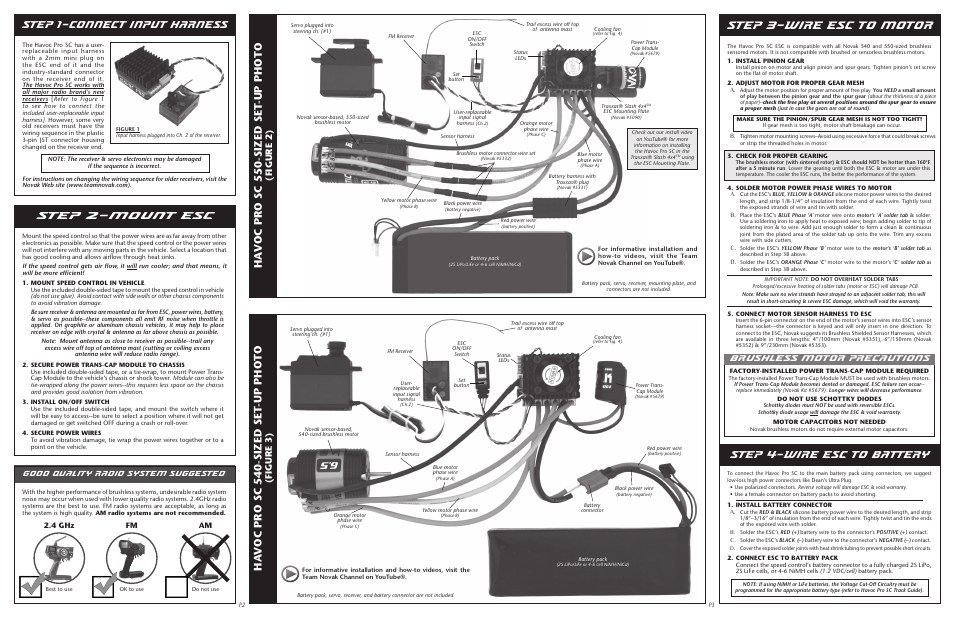 Step 3–wire esc to motor, Step 1–connect input harness, Step 2–mount esc | Step 4–wire esc to battery, Ha voc pro sc 540-sized set -up photo, Ha voc pro sc 550-sized set -up photo, Brushless motor precautions, Figure 3), Figure 2), Good quality radio system suggested | Novak Havoc Pro SC Track Guide (55-1745-1 Rev.3) User Manual | Page 2 / 2