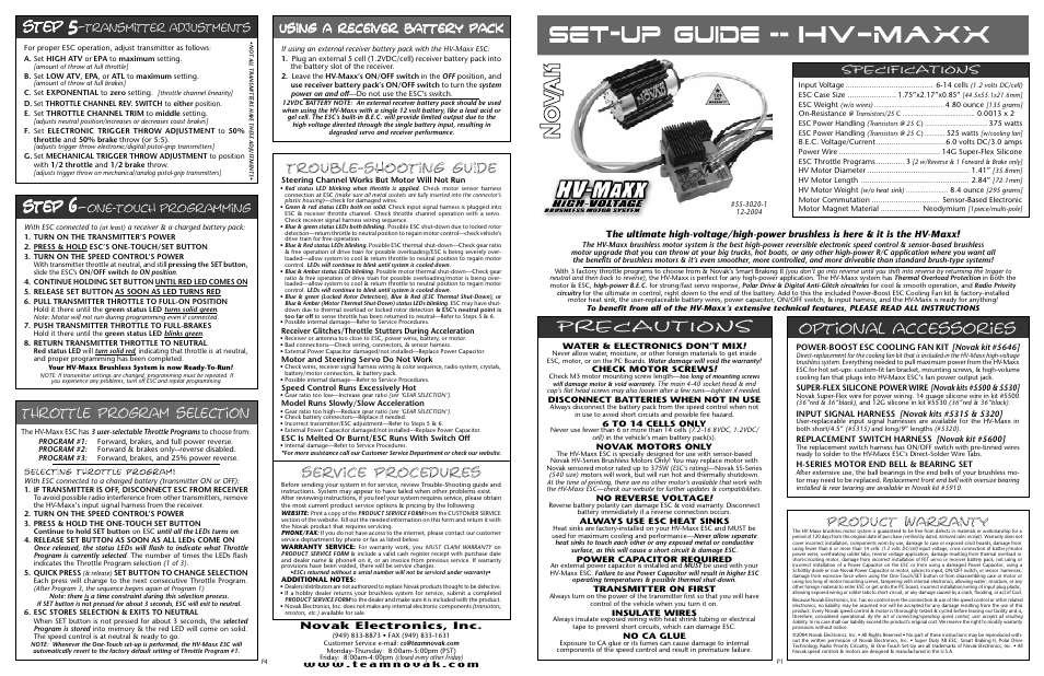 Novak HV Motor Wiring & Gear Selection (55-3020-1) User Manual | 2 pages