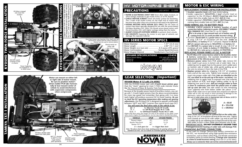 Novak HV Pro ESC (with purple heat sinks) Programming and Gearing (55-3410-1) User Manual | 2 pages
