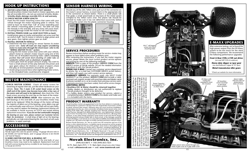 Traxxas e-maxx recommended inst alla tion, Sensor harness wiring, Novak electronics, inc | Hook-up instructions motor maintenance, Accessories, E-maxx upgrades, Service procedures, Product warranty | Novak HV Pro ESC (with purple heat sinks) Programming and Gearing (55-3410-1) User Manual | Page 2 / 2