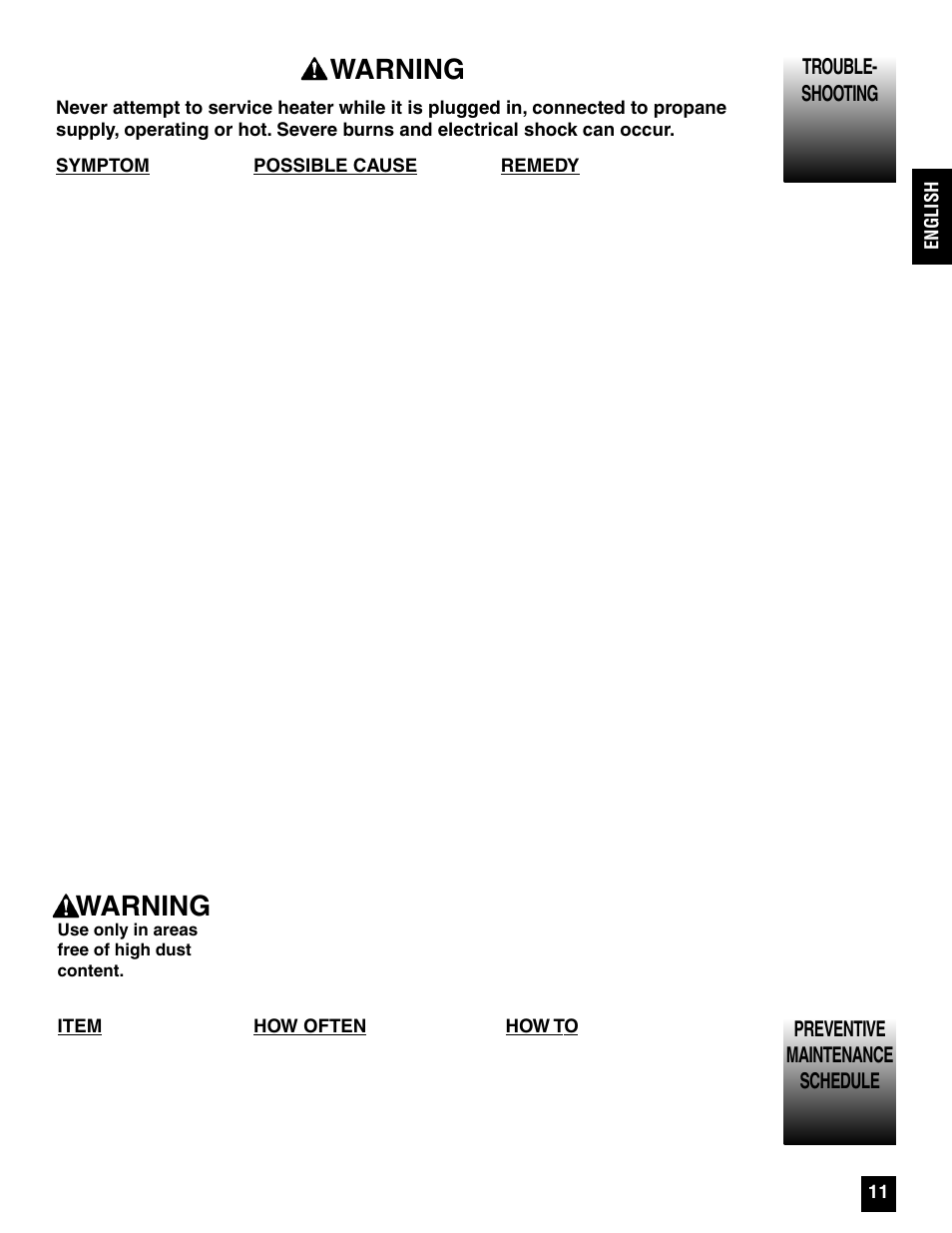 Warning, Trouble- shooting, Preventive maintenance schedule | Coleman 5075 Series User Manual | Page 11 / 44