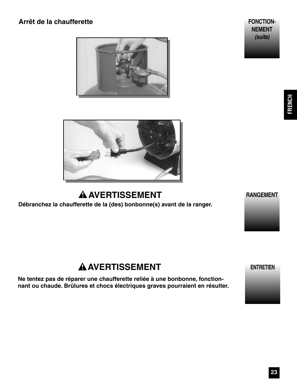 Avertissement | Coleman 5075 Series User Manual | Page 23 / 44
