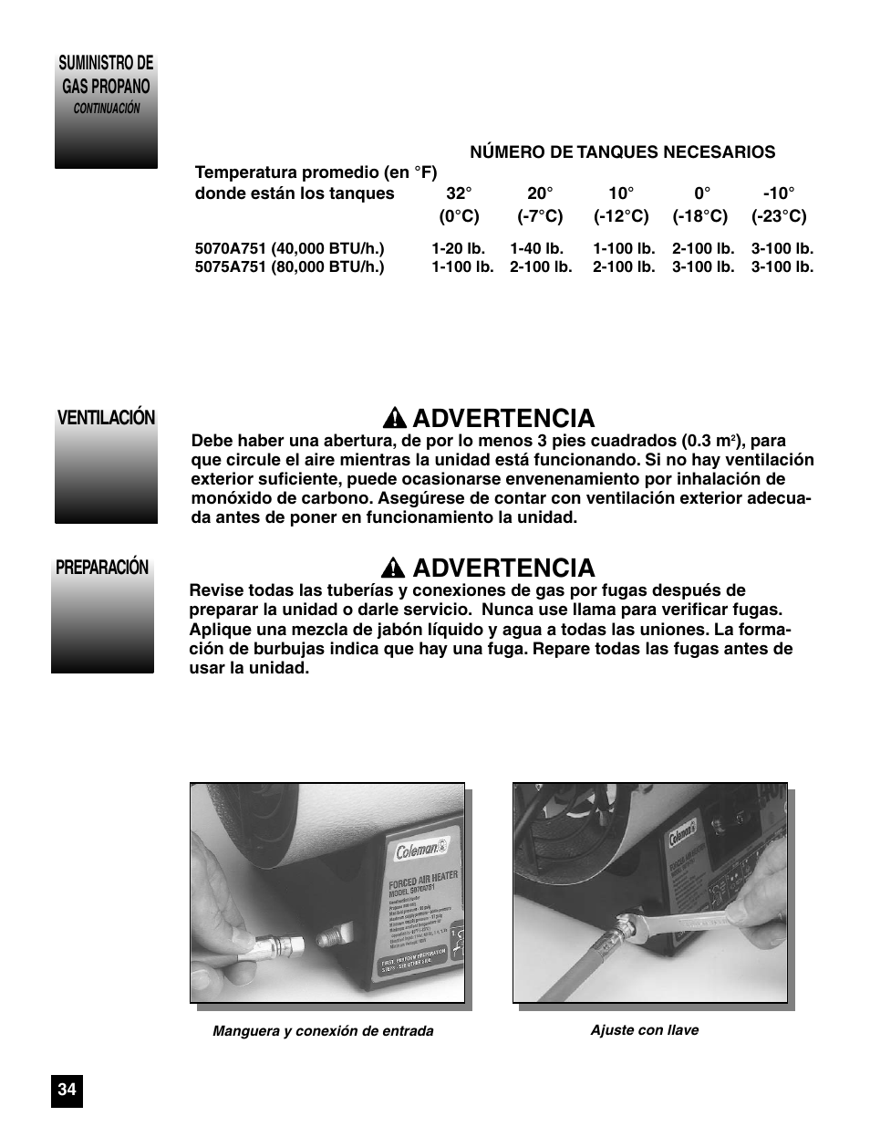 Advertencia | Coleman 5075 Series User Manual | Page 34 / 44