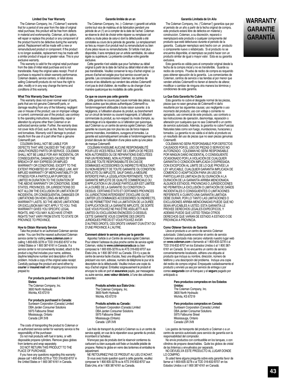 Warranty garantie garantía | Coleman 5075 Series User Manual | Page 43 / 44