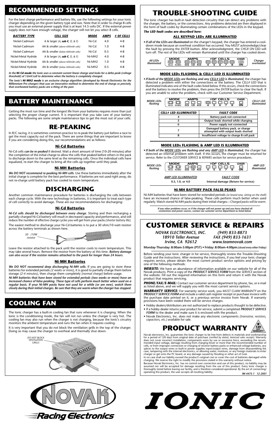 Trouble-shooting guide, Customer service & repairs, Product warranty | Recommended settings battery maintenance, Re-peaking, Discharging, Cooling fan | Novak Ionic AC/DC Charger User Manual | Page 2 / 2
