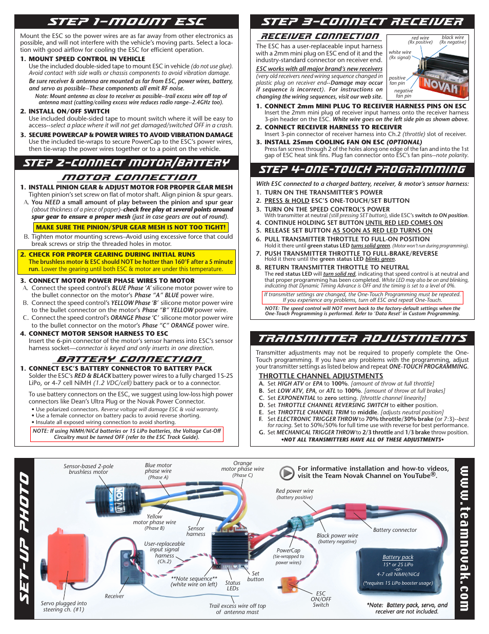 Set-up photo, Step 2–connect motor/battery step 1–mount esc, Step 3–connect receiver | W.te am no va k. co m, Motor connection, Battery connection, Receiver connection | Novak Micro Pro Basic Set-Up (55-1856-1.2) User Manual | Page 2 / 2