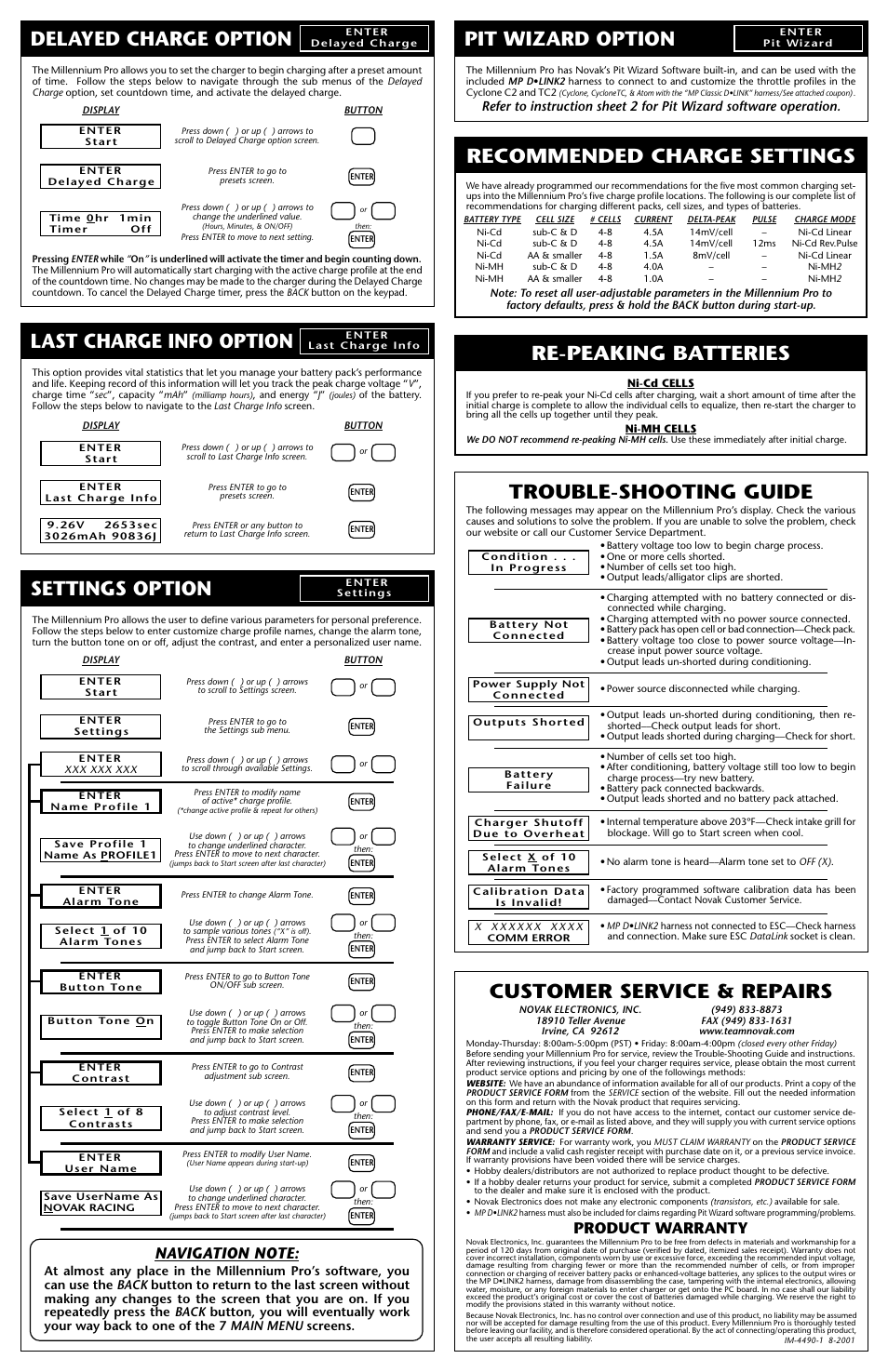 Delayed charge option, Last charge info option, Settings option | Pit wizard option, Recommended charge settings, Re-peaking batteries trouble-shooting guide, Customer service & repairs, Product warranty | Novak Millennium Pro Charger User Manual | Page 2 / 4