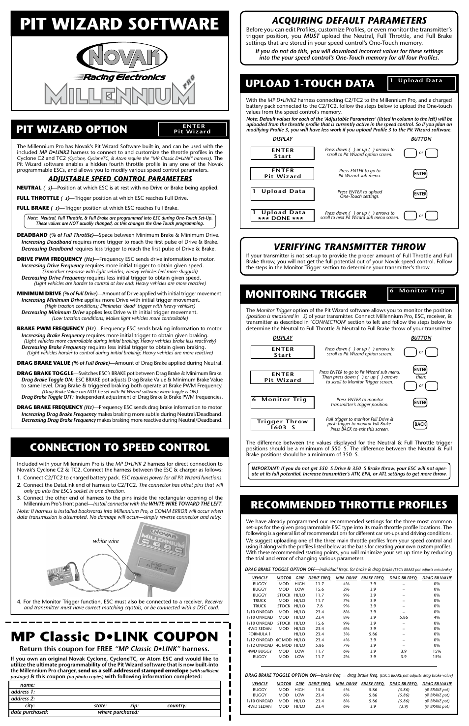 Pit wizard software, Mp classic d•link coupon, Upload 1-touch data | Pit wizard option, Recommended throttle profiles, Connection to speed control, Monitoring trigger, Verifying transmitter throw, Acquiring default parameters, Adjustable speed control parameters | Novak Millennium Pro Charger User Manual | Page 3 / 4