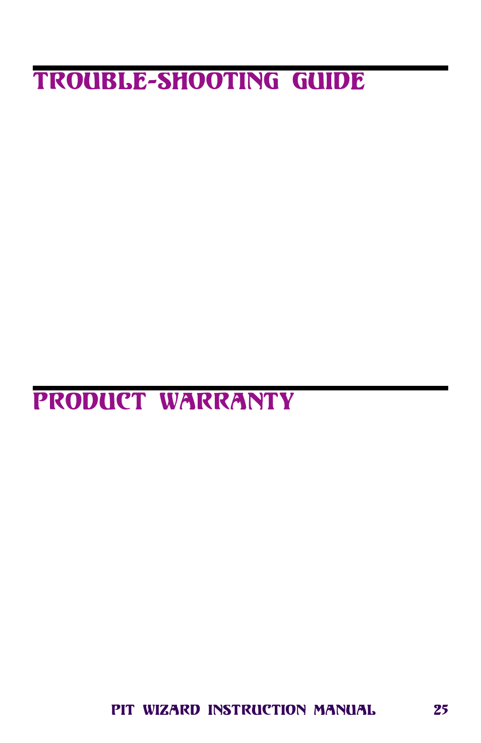 Trouble-shooting guide, Product warranty, Trouble-shooting guide product warranty | Novak Pit Wizard User Manual | Page 25 / 34