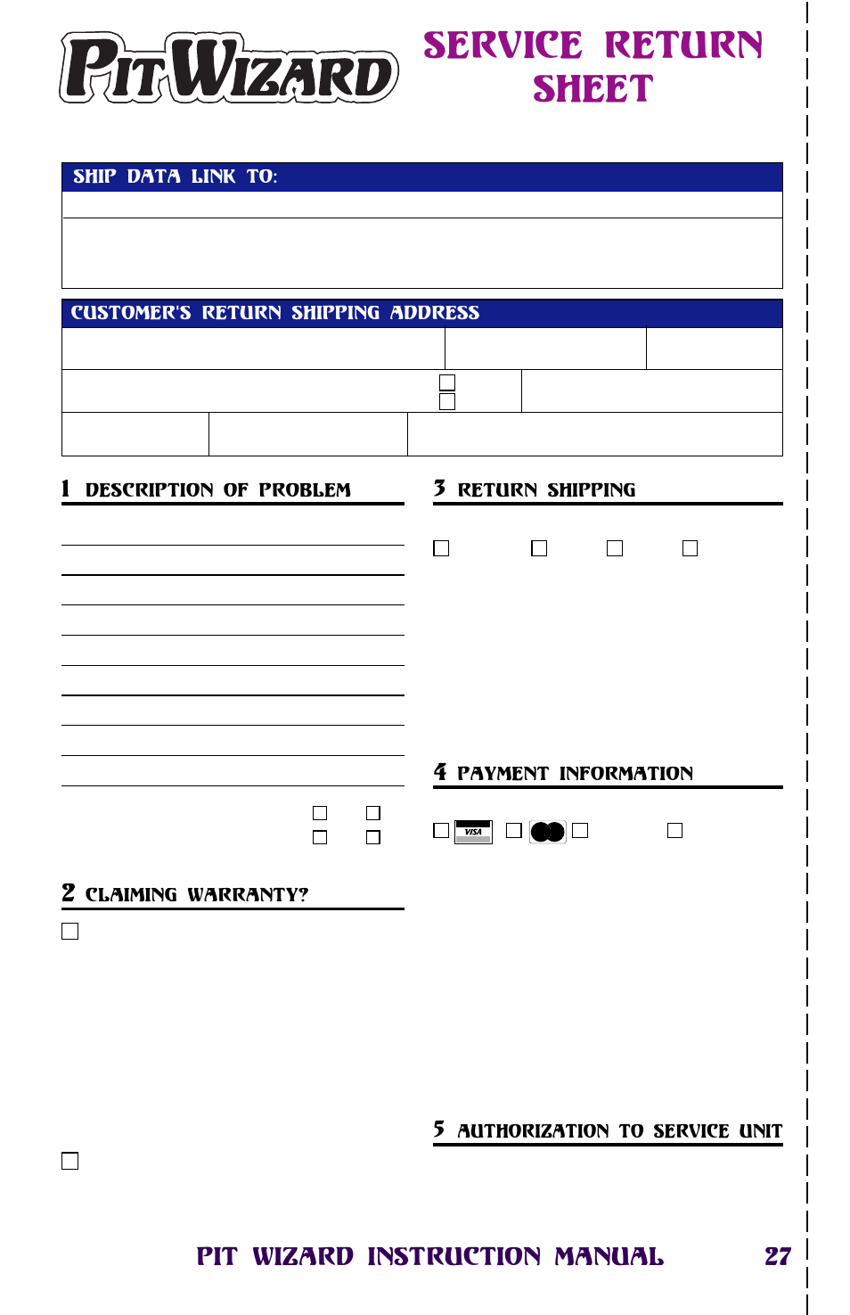 Service return sheet, 27 pit wizard instruction manual | Novak Pit Wizard User Manual | Page 27 / 34