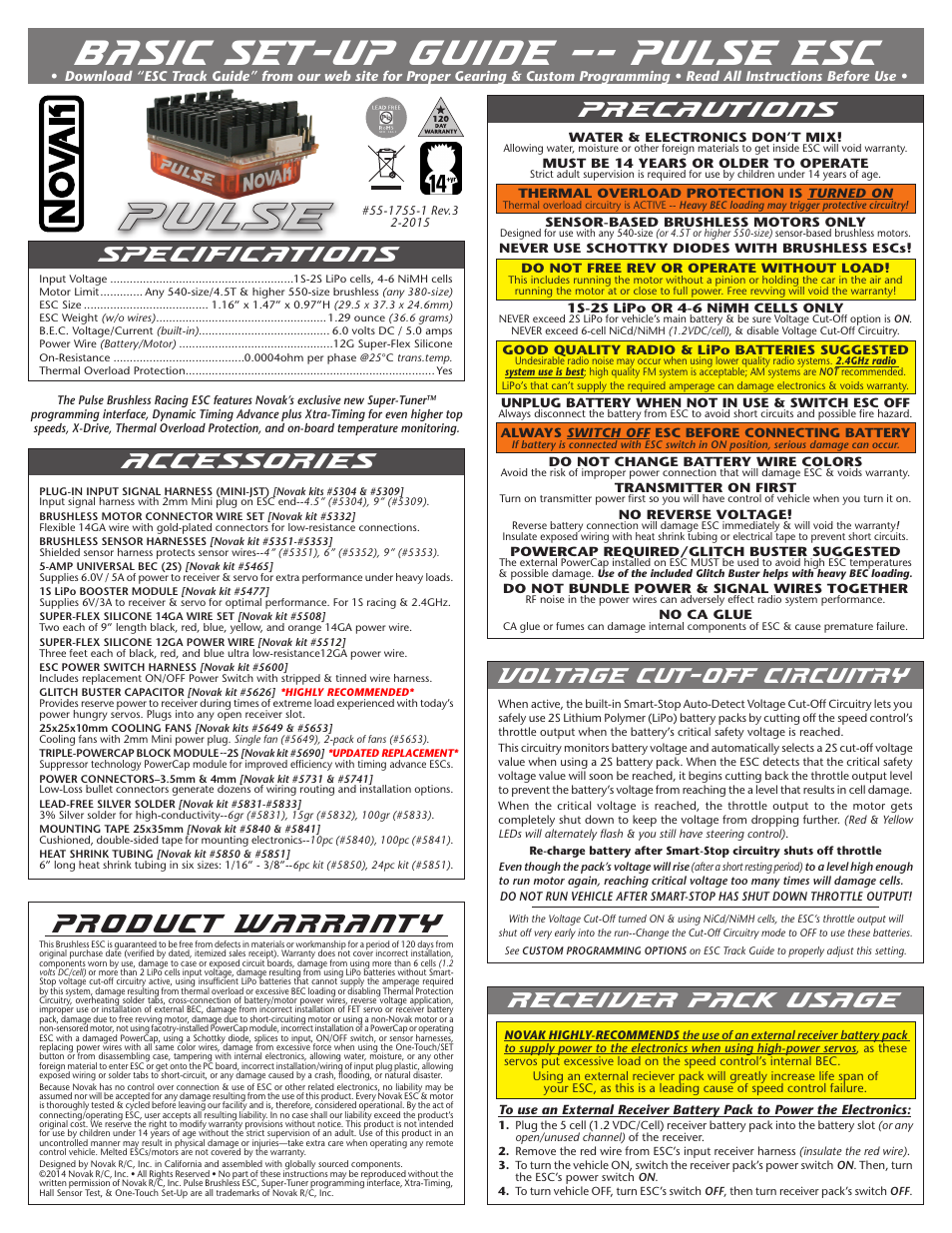 Novak Pulse Basic Set-Up (updated PCB with button on corner of board) (55-1755-1 Rev.3) User Manual | 2 pages