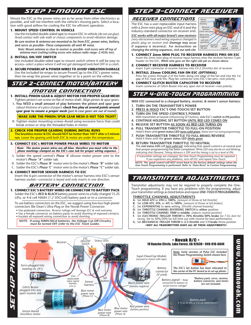 Set-up photo, Step 2–connect motor/battery step 1–mount esc, Transmitter adjustments | Motor connection, Battery connection, Receiver connections | Novak Pulse Basic Set-Up (updated PCB with button on corner of board) (55-1755-1 Rev.3) User Manual | Page 2 / 2