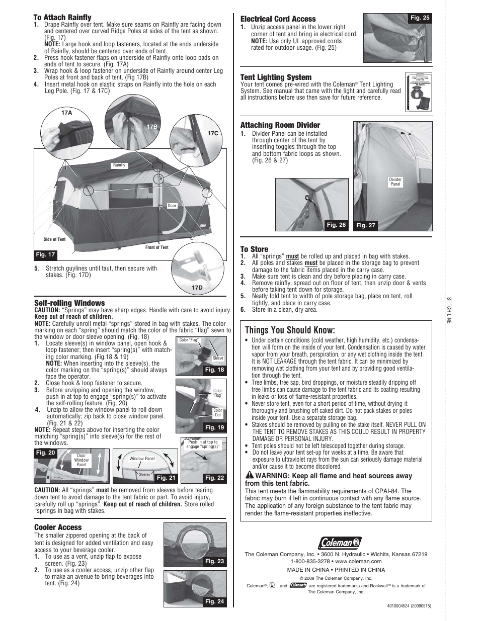 Things you should know, Self-rolling windows, Cooler access | Attaching room divider, Electrical cord access, Tent lighting system | Coleman 2000002596 User Manual | Page 2 / 2