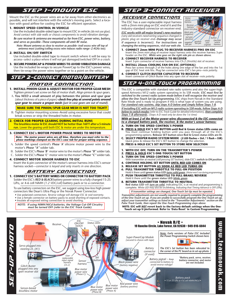 Set-up photo, Step 2–connect motor/battery step 1–mount esc, Motor connection | Battery connection, Receiver connections, Novak r/c | Novak Pulse Basic Set-Up -- SSR (New PCB with button on corner of board) (55-1755-1 Rev.5) User Manual | Page 2 / 2
