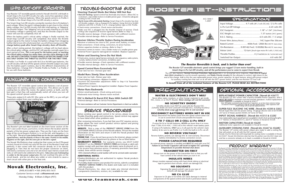 Novak Rooster 12T Reversible ESC (55-1840-1) User Manual | 2 pages