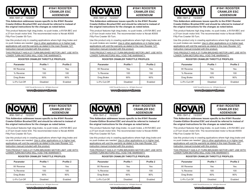Novak Rooster Crawler Addendum (to be used with Rooster 12T instructions (56-1841-2) User Manual | 1 page