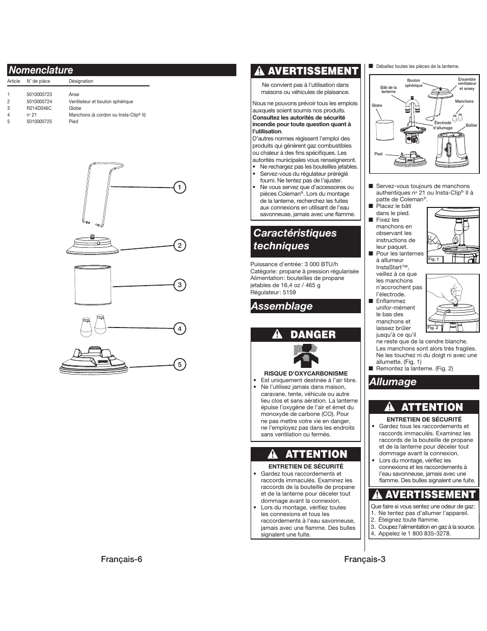 Nomenclature, Caractéristiques techniques, Danger attention attention avertissement | Assemblage allumage, Avertissement, Français-6, Français-3 | Coleman QUICKPACK 5159 User Manual | Page 11 / 12