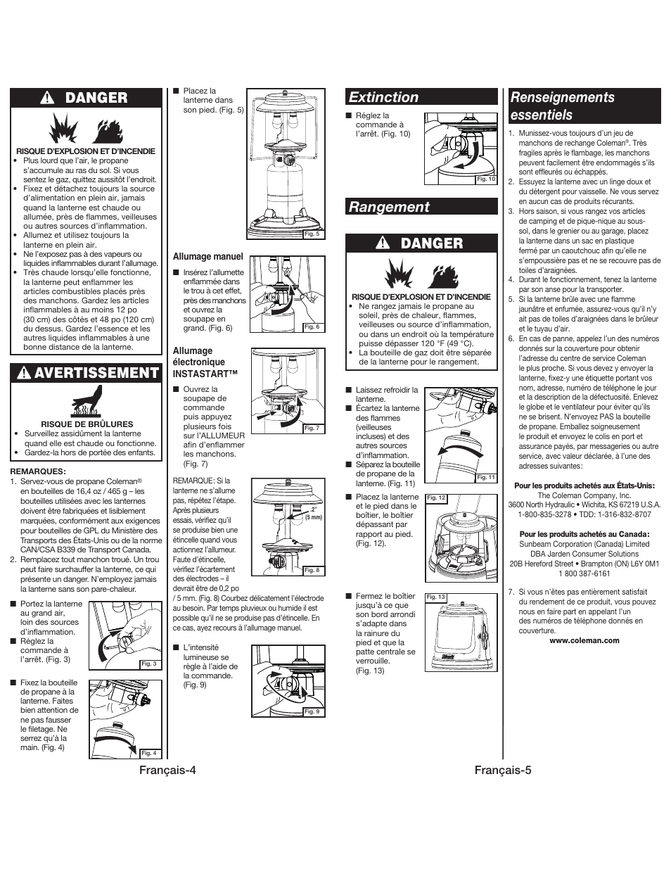 Danger, Avertissement, Extinction rangement | Danger renseignements essentiels, Français-4, Français-5 | Coleman QUICKPACK 5159 User Manual | Page 12 / 12