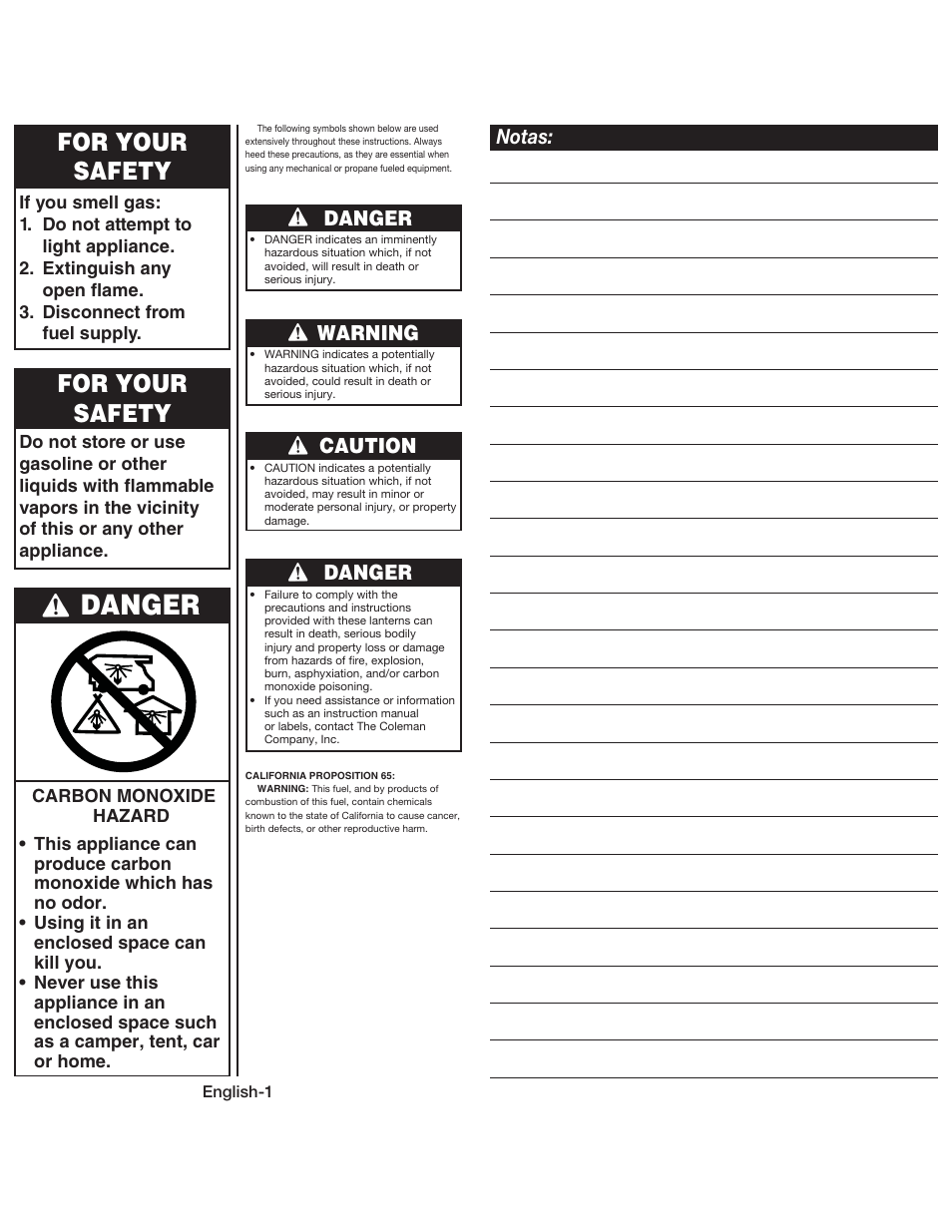 Danger, For your safety, Danger warning caution notas | Coleman QUICKPACK 5159 User Manual | Page 2 / 12