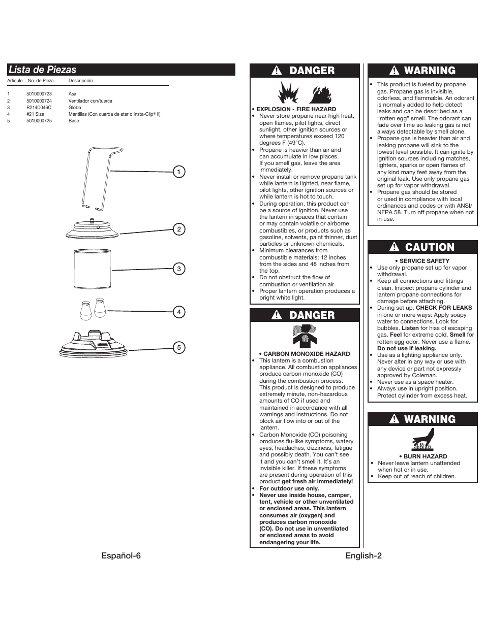 Lista de piezas, Danger, Danger warning caution warning | Español-6, English-2 | Coleman QUICKPACK 5159 User Manual | Page 3 / 12