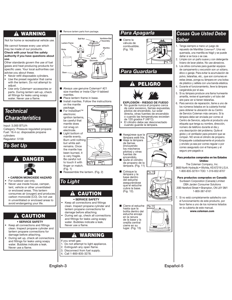Technical characteristics, Danger caution caution warning, Warning para apagarla para guardarla | Peligro cosas que usted debe saber, English-3, Español-5 | Coleman QUICKPACK 5159 User Manual | Page 4 / 12