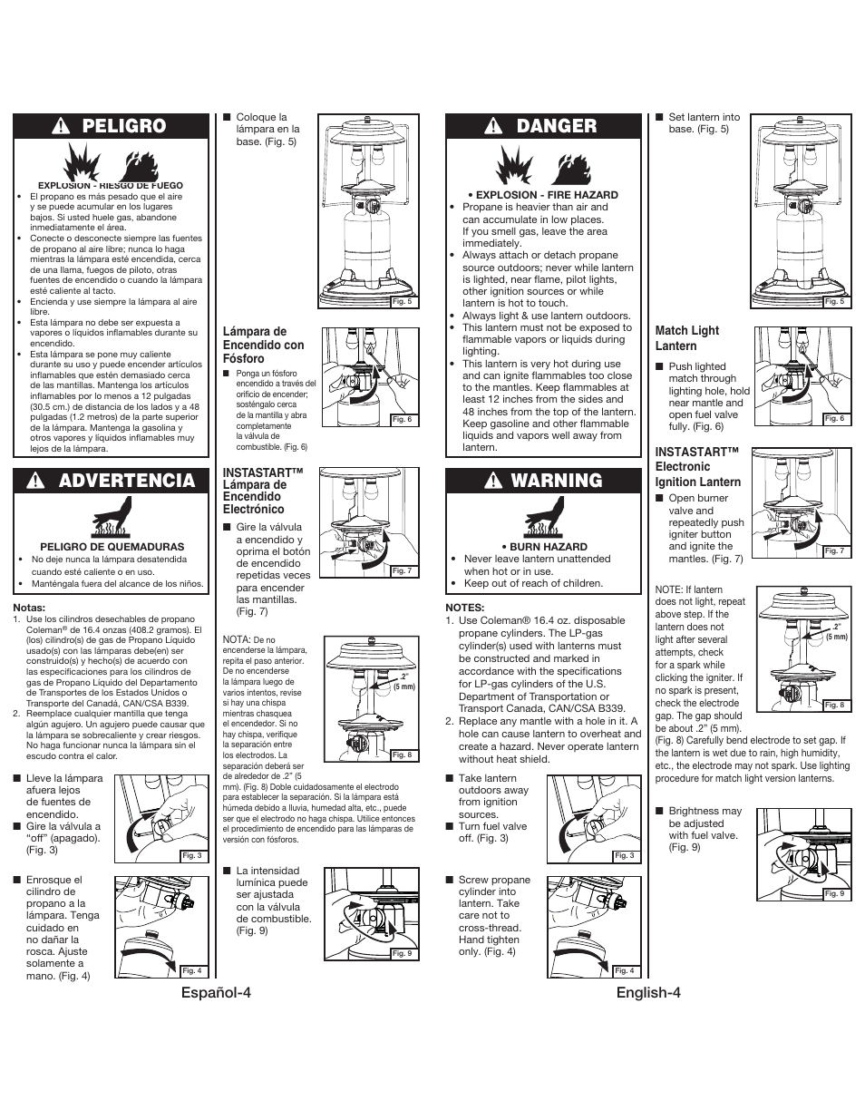 Peligro, Advertencia, Danger | Warning, Español-4, English-4 | Coleman QUICKPACK 5159 User Manual | Page 5 / 12