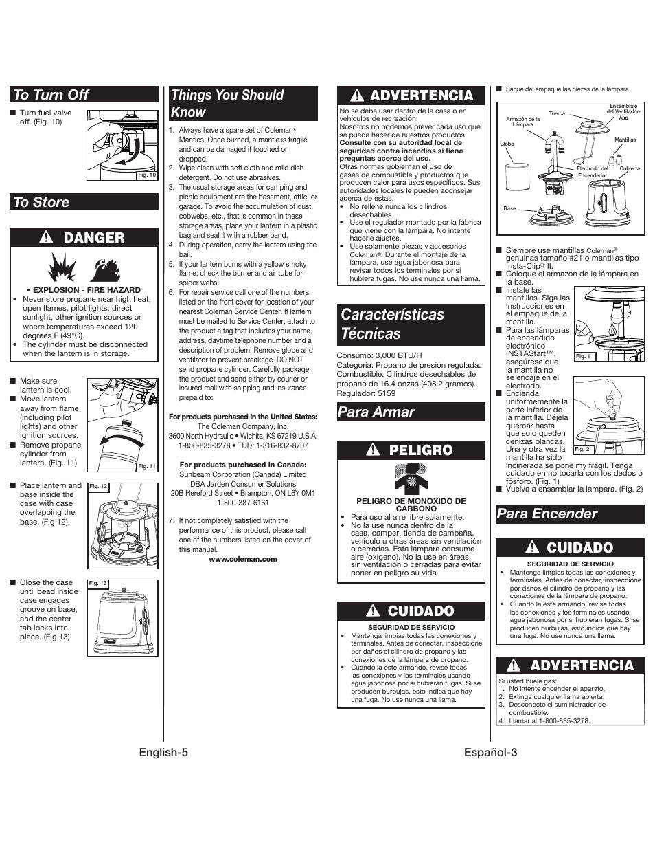 Características técnicas, Danger things you should know, Peligro cuidado cuidado advertencia | Para armar para encender, Advertencia, English-5, Español-3 | Coleman QUICKPACK 5159 User Manual | Page 6 / 12