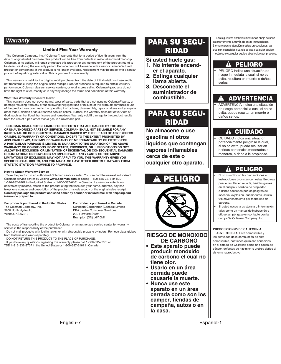 Peligro, Para su segu- ridad, Warranty | Peligro advertencia cuidado | Coleman QUICKPACK 5159 User Manual | Page 8 / 12