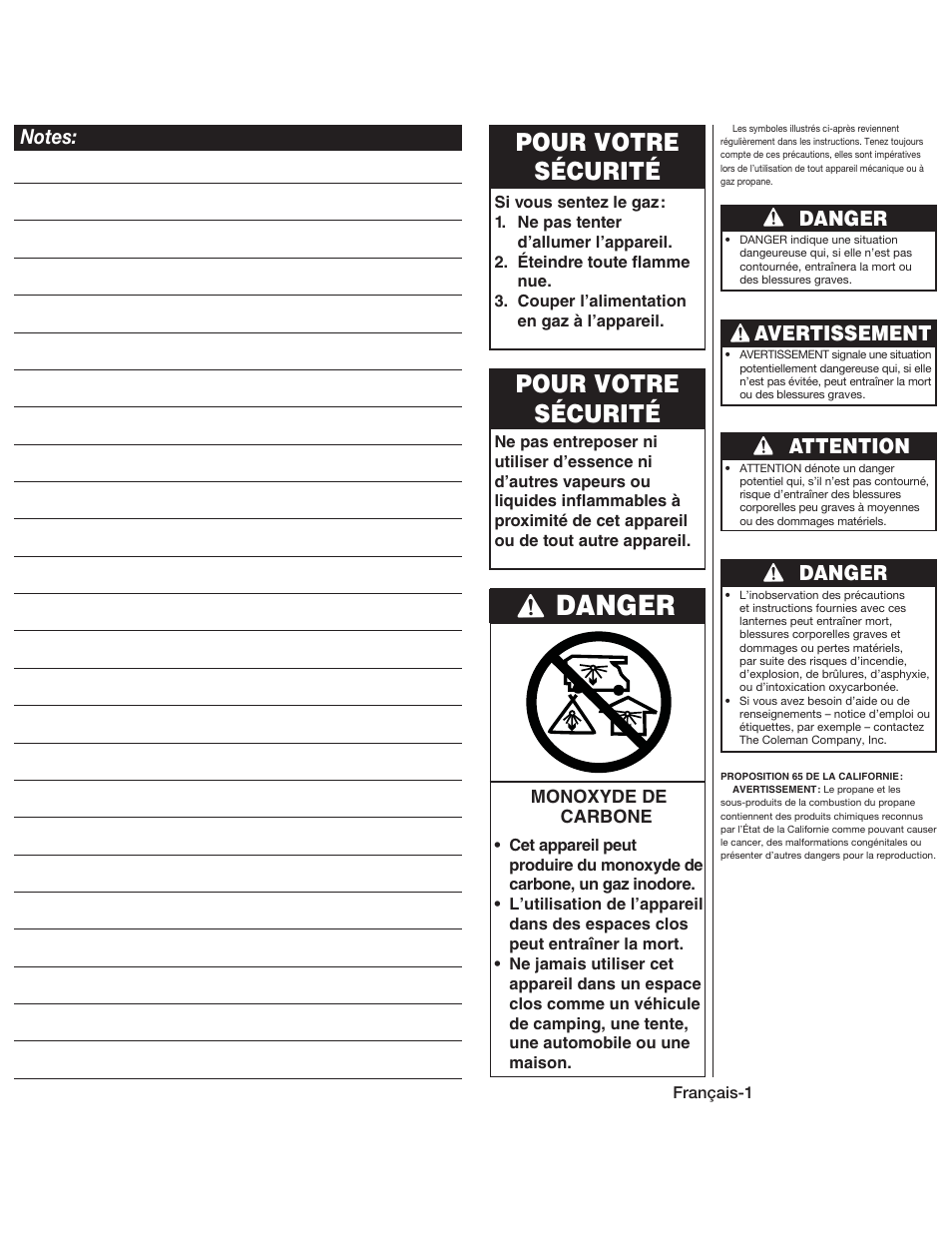Danger, Pour votre sécurité, Danger avertissement attention | Coleman QUICKPACK 5159 User Manual | Page 9 / 12