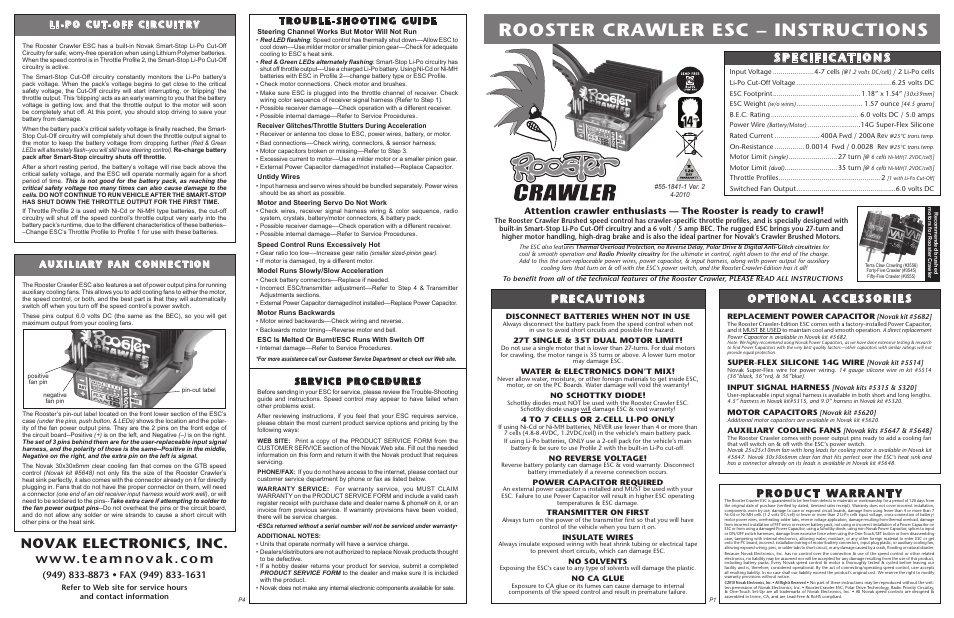 Novak Rooster Crawler ESC (55-1841-1 Ver. 2) User Manual | 2 pages