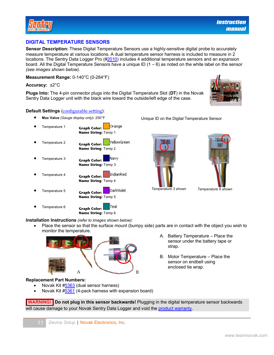 Digital temperature sensors, Igital, Emperature | Ensors | Novak Sentry Data Logger User Manual | Page 11 / 35