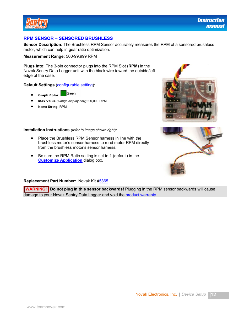 Rpm sensor – sensored brushless, Rpm s, Ensor | Ensored, Rushless | Novak Sentry Data Logger User Manual | Page 12 / 35