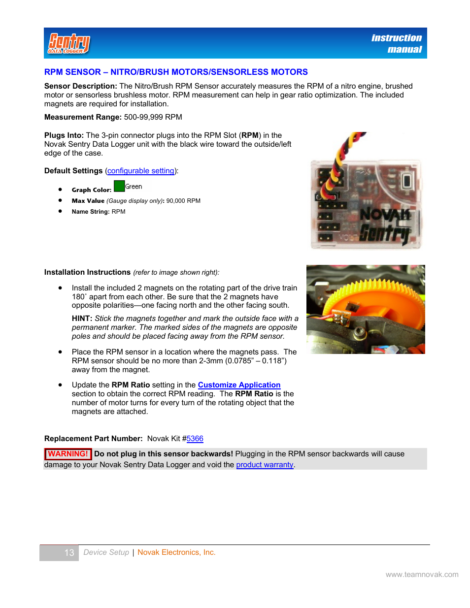 Rpm sensor – nitro/brush motors/sensorless motors, Rpm s, Ensor | Itro, Brush motors, Sensorless motors | Novak Sentry Data Logger User Manual | Page 13 / 35