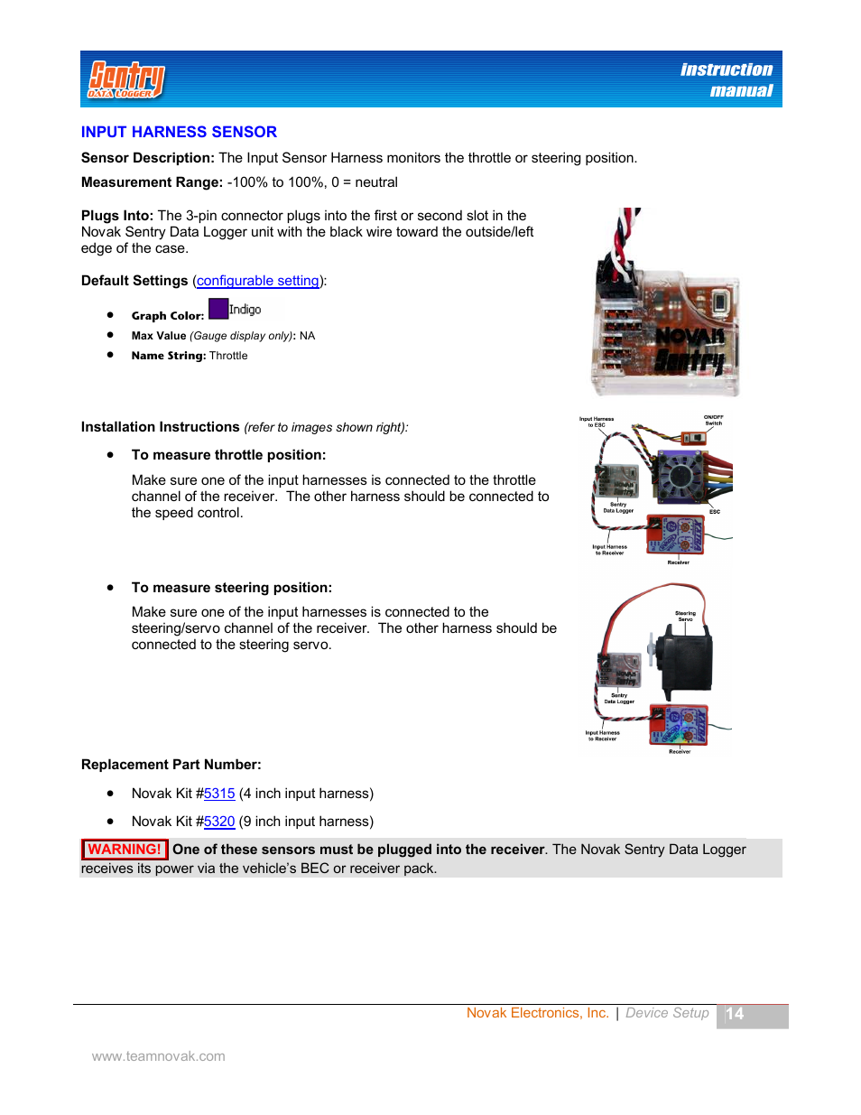 Input harness sensor, Nput, Arness | Ensor | Novak Sentry Data Logger User Manual | Page 14 / 35