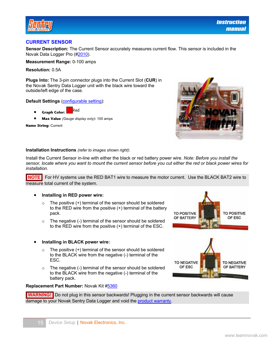 Current sensor, Urrent, Ensor | Novak Sentry Data Logger User Manual | Page 15 / 35