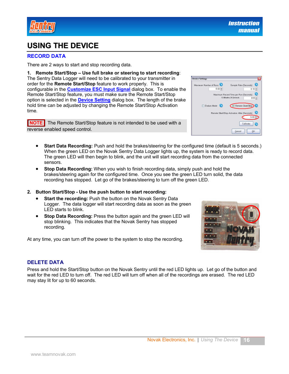 Using the device, Record data, Delete data | Ecord, Elete | Novak Sentry Data Logger User Manual | Page 16 / 35