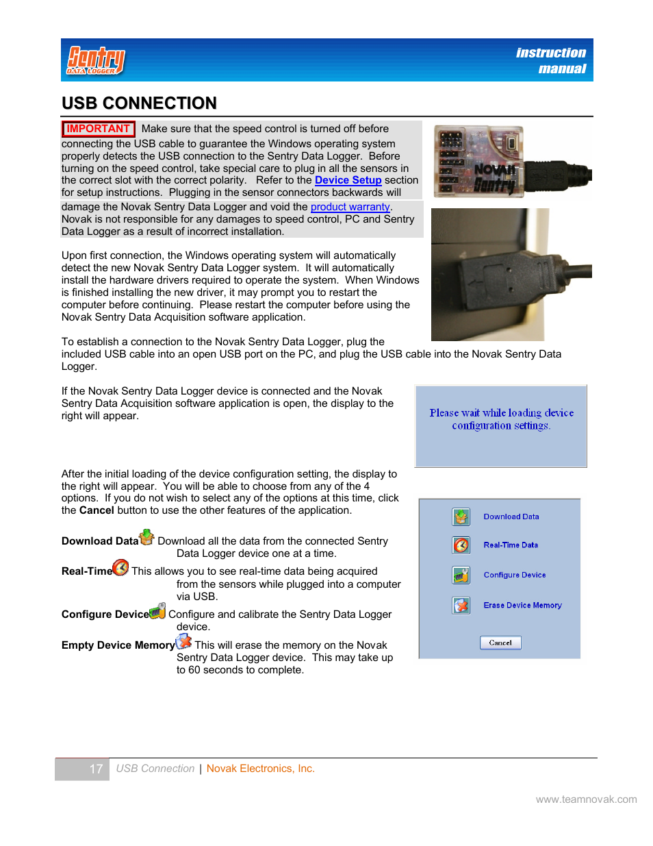 Usb connection | Novak Sentry Data Logger User Manual | Page 17 / 35
