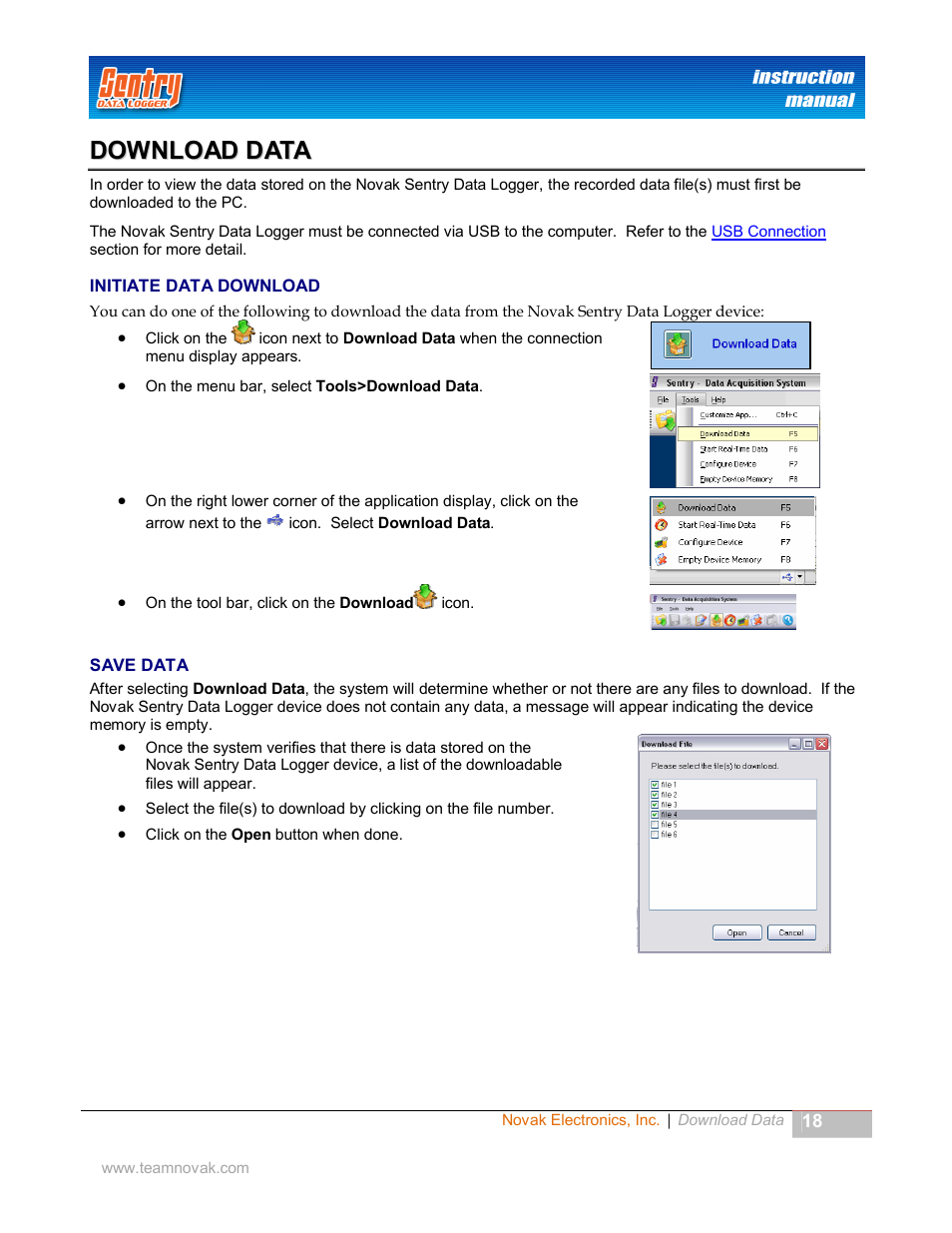 Download data, Initiate data download, Save data | Nitiate, Ownload | Novak Sentry Data Logger User Manual | Page 18 / 35