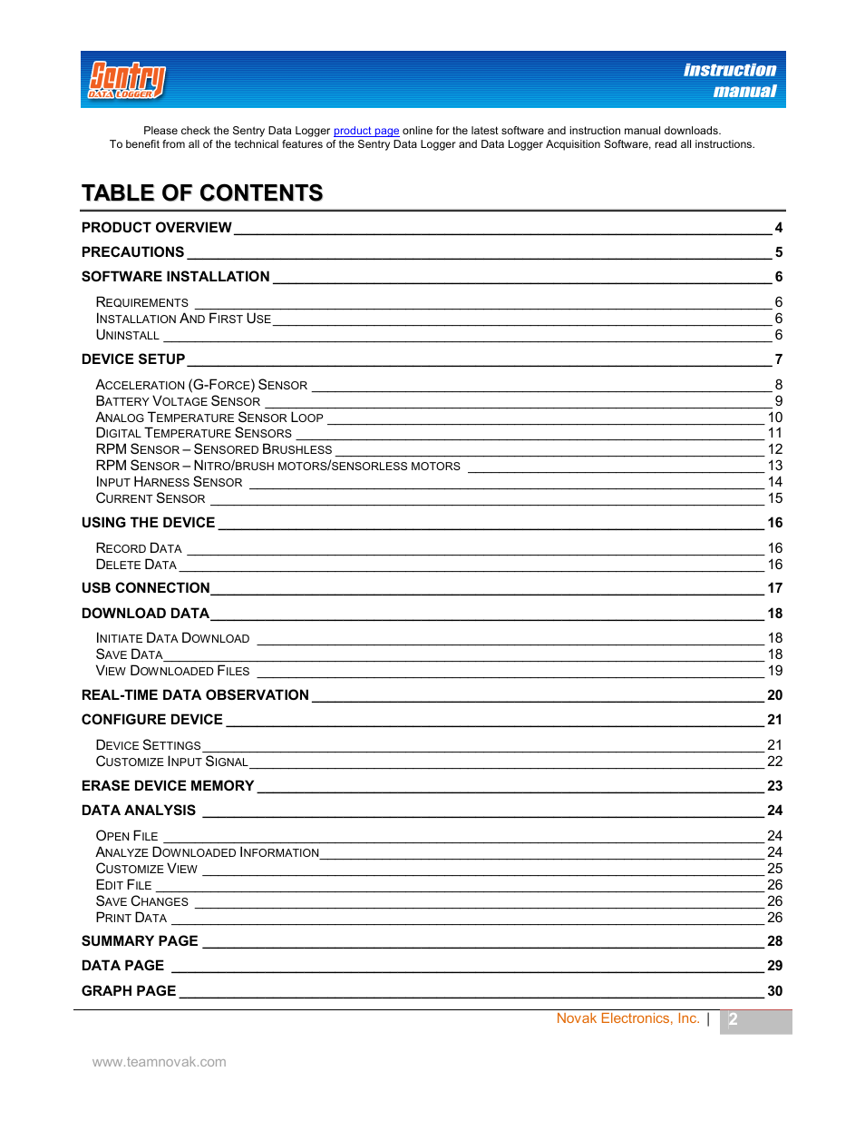 Novak Sentry Data Logger User Manual | Page 2 / 35