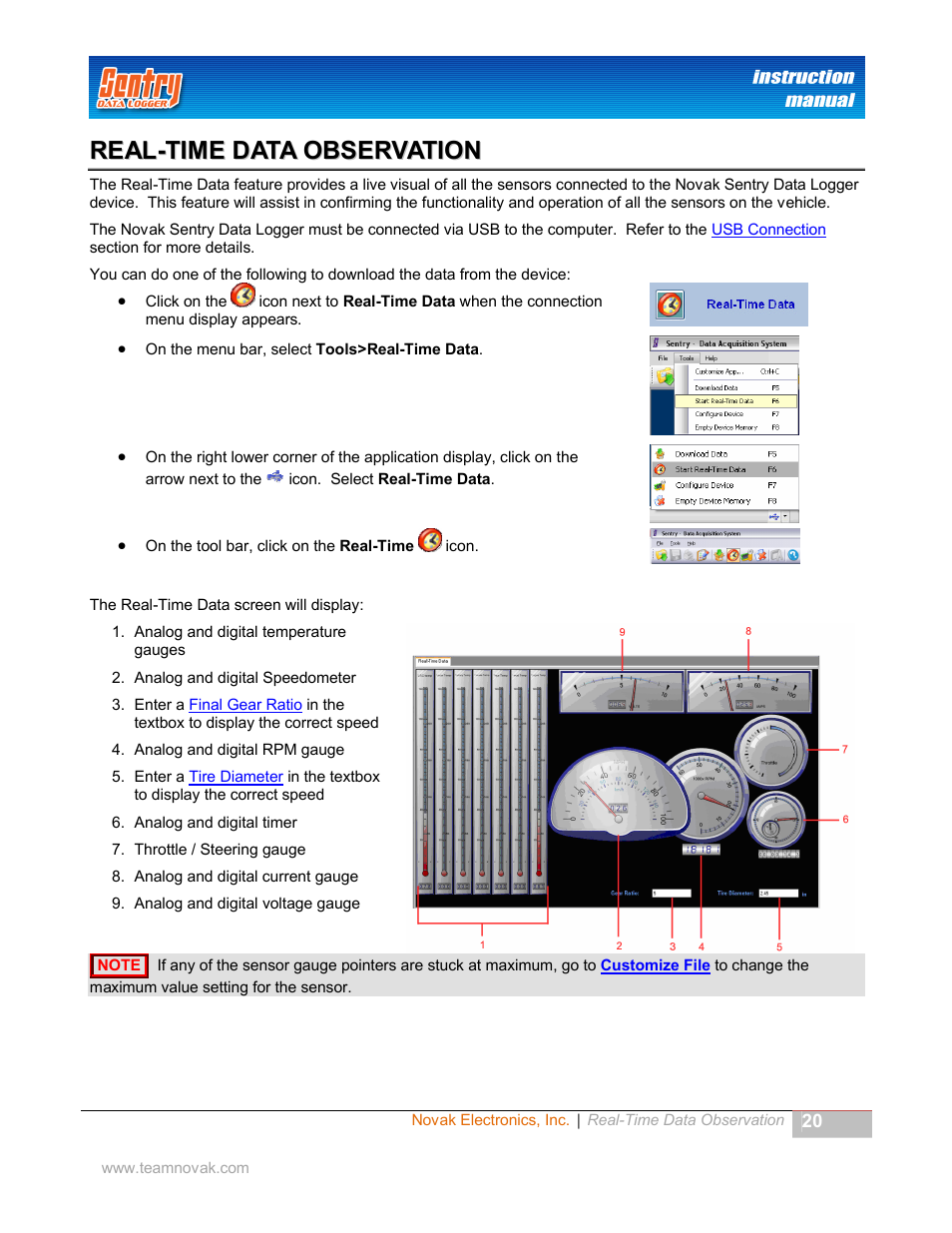 Real-time data observation | Novak Sentry Data Logger User Manual | Page 20 / 35