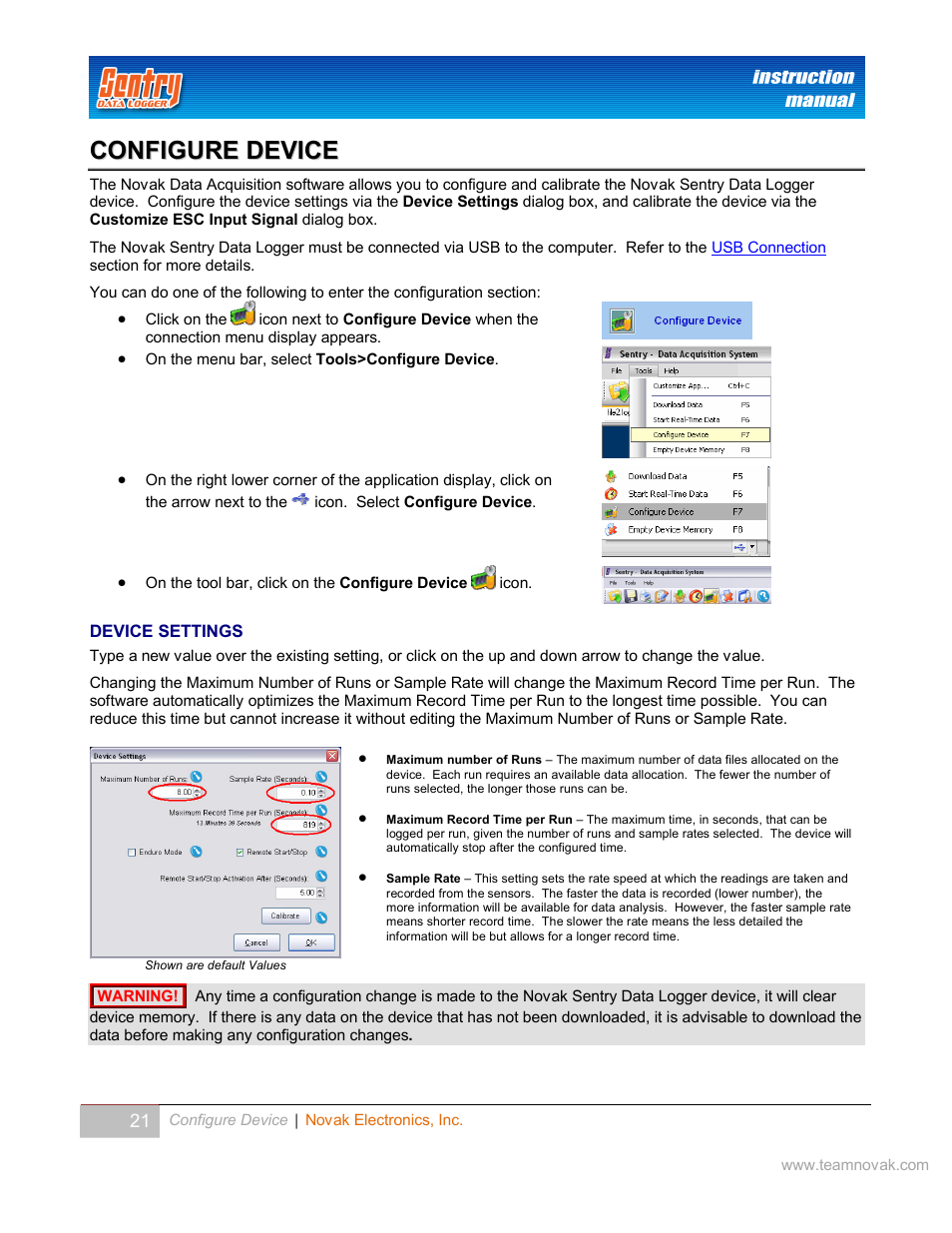 Configure device, Device settings, Evice | Ettings, Selected in the, Device setting | Novak Sentry Data Logger User Manual | Page 21 / 35