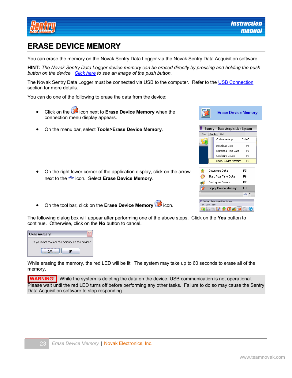 Erase device memory | Novak Sentry Data Logger User Manual | Page 23 / 35