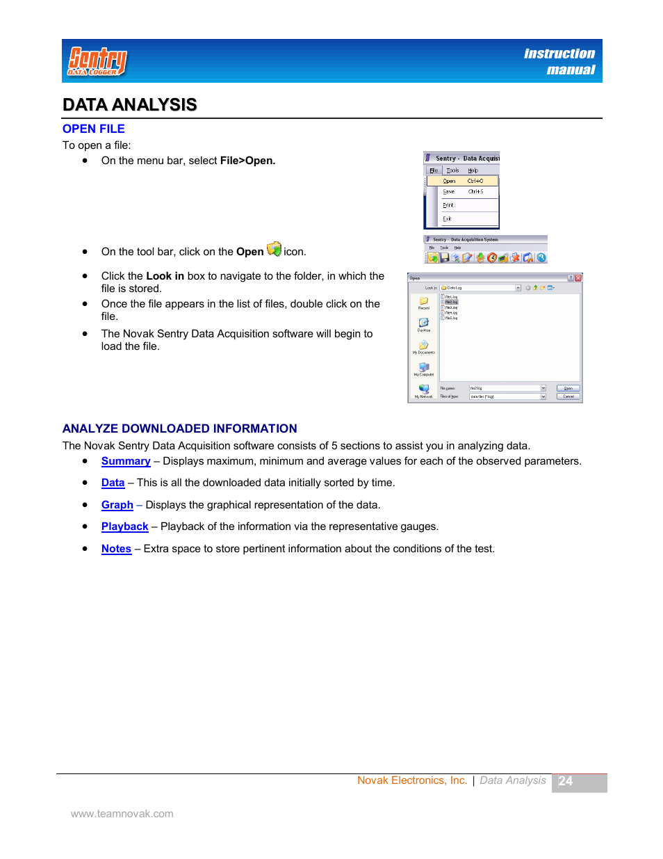 Data analysis, Open file, Analyze downloaded information | Nalyze, Ownloaded, Nformation | Novak Sentry Data Logger User Manual | Page 24 / 35