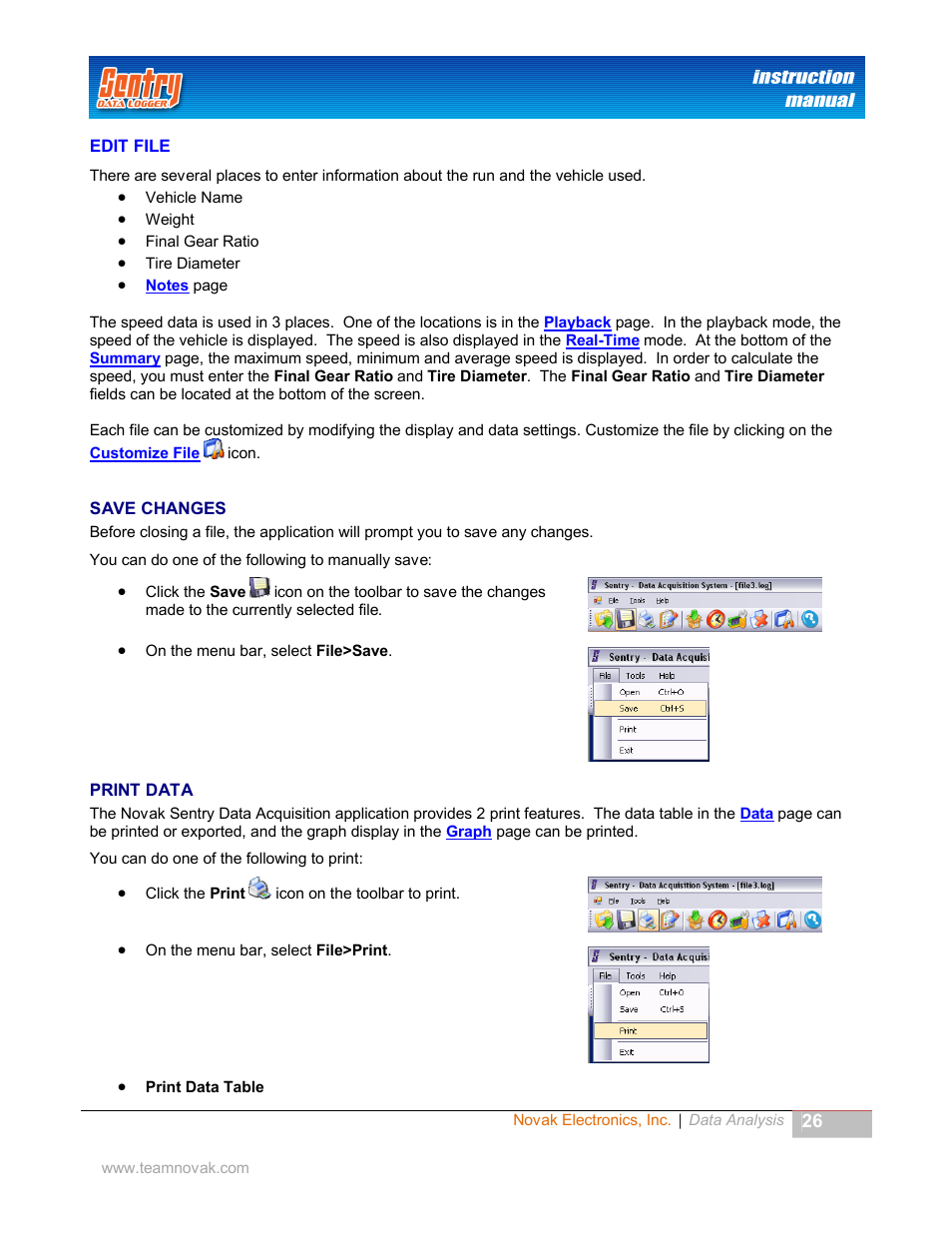 Edit file, Save changes, Print data | Hanges, Rint | Novak Sentry Data Logger User Manual | Page 26 / 35