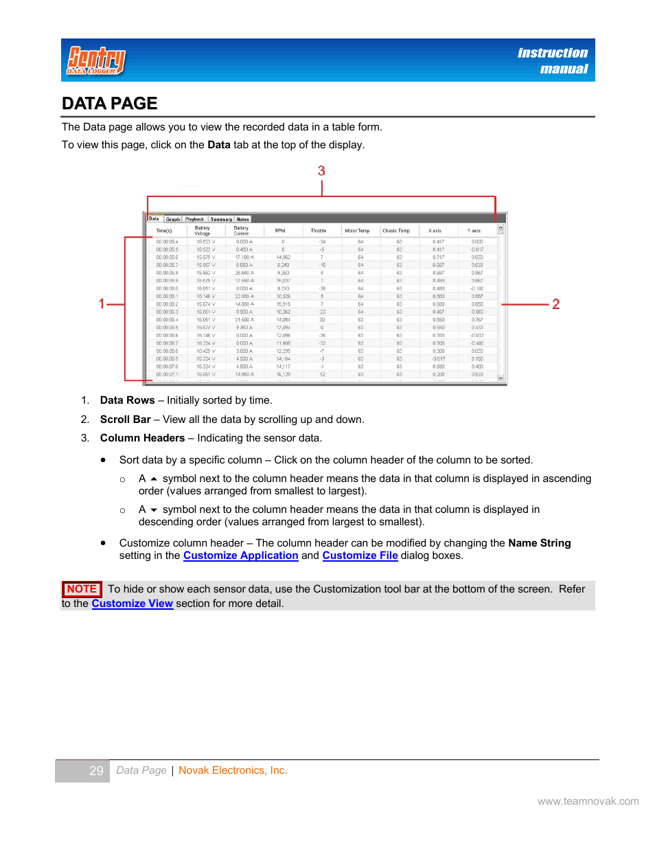 Data, Print features. the data table in the, To export the data table, make sure the | Novak Sentry Data Logger User Manual | Page 29 / 35