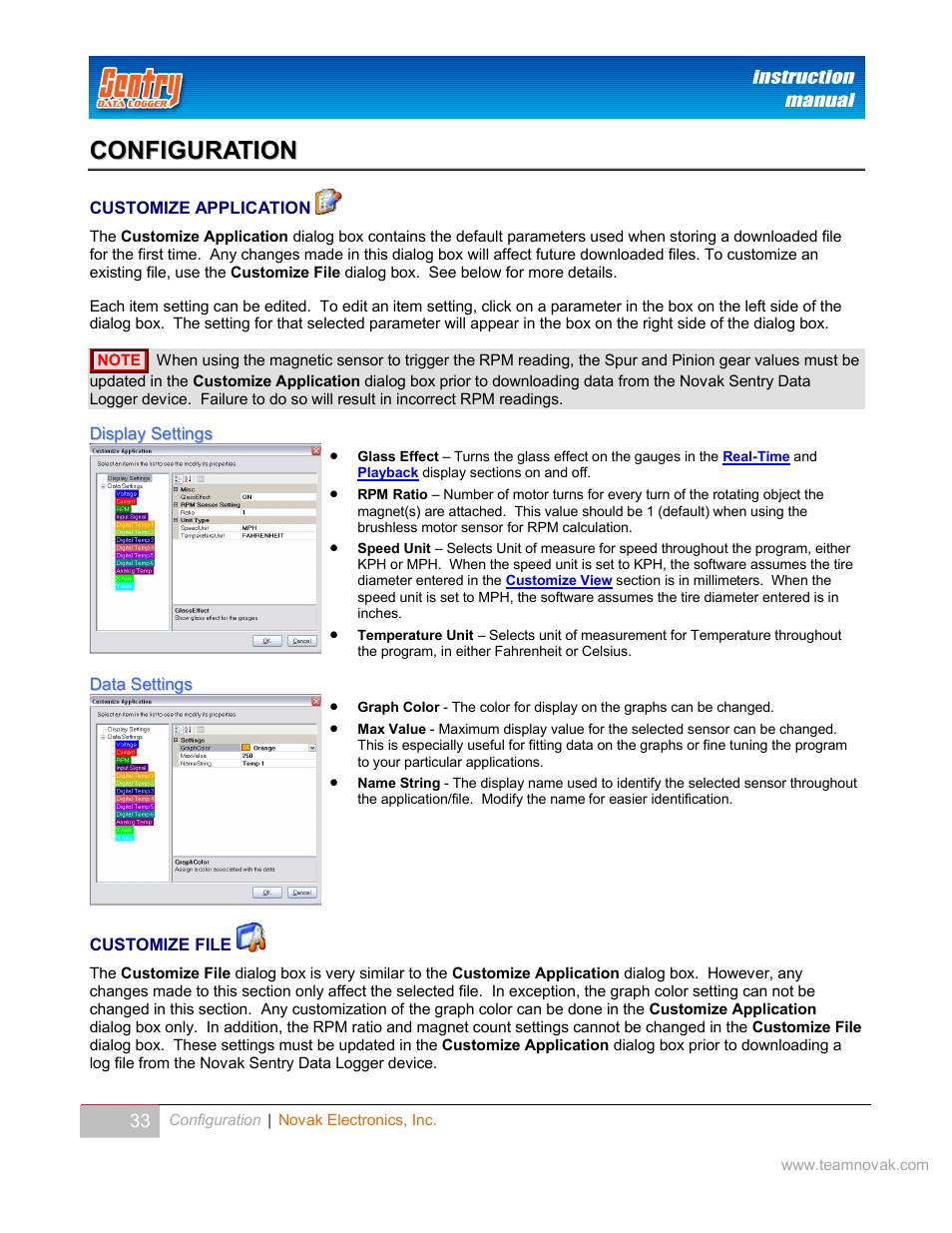 Configuration, Customize application, Customize file | Ustomize, Pplication, Setting in the, Click on the button to open the | Novak Sentry Data Logger User Manual | Page 33 / 35