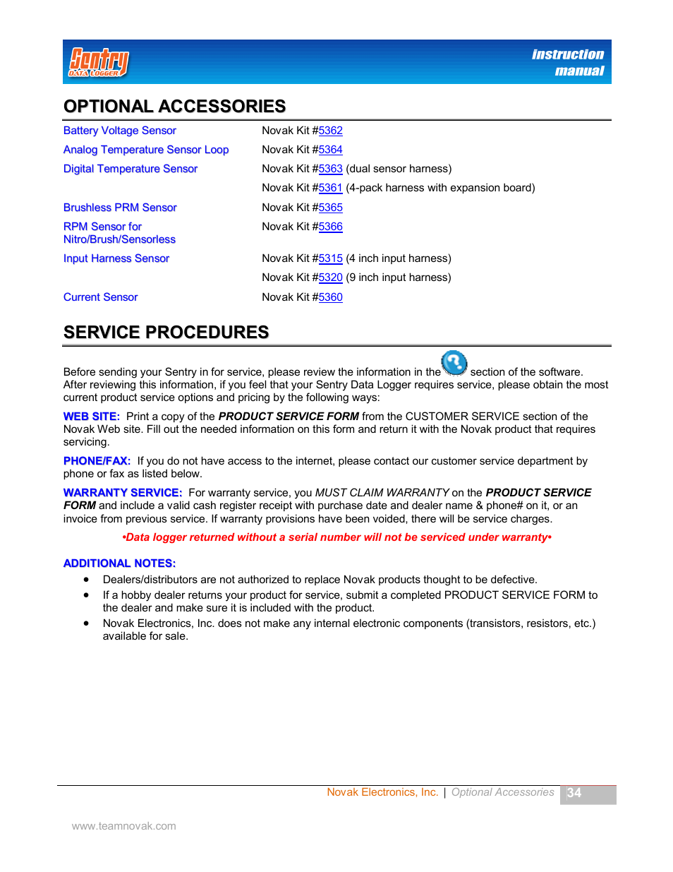 Optional accessories, Service procedures | Novak Sentry Data Logger User Manual | Page 34 / 35