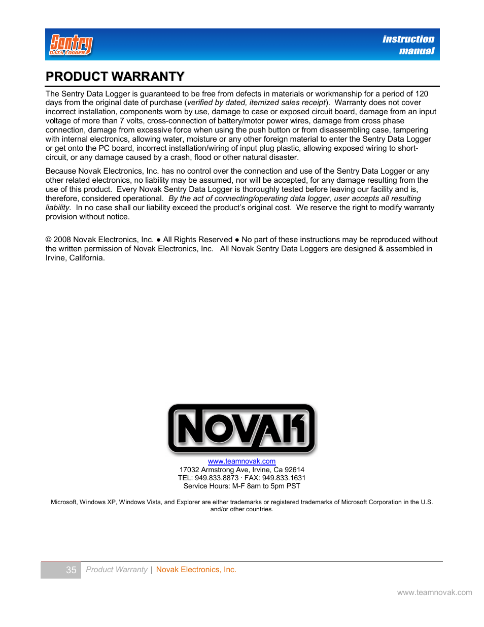 Product warranty, Ter damage will void the, Data logger and void | D the, Damage the novak sentry data logger and void the | Novak Sentry Data Logger User Manual | Page 35 / 35