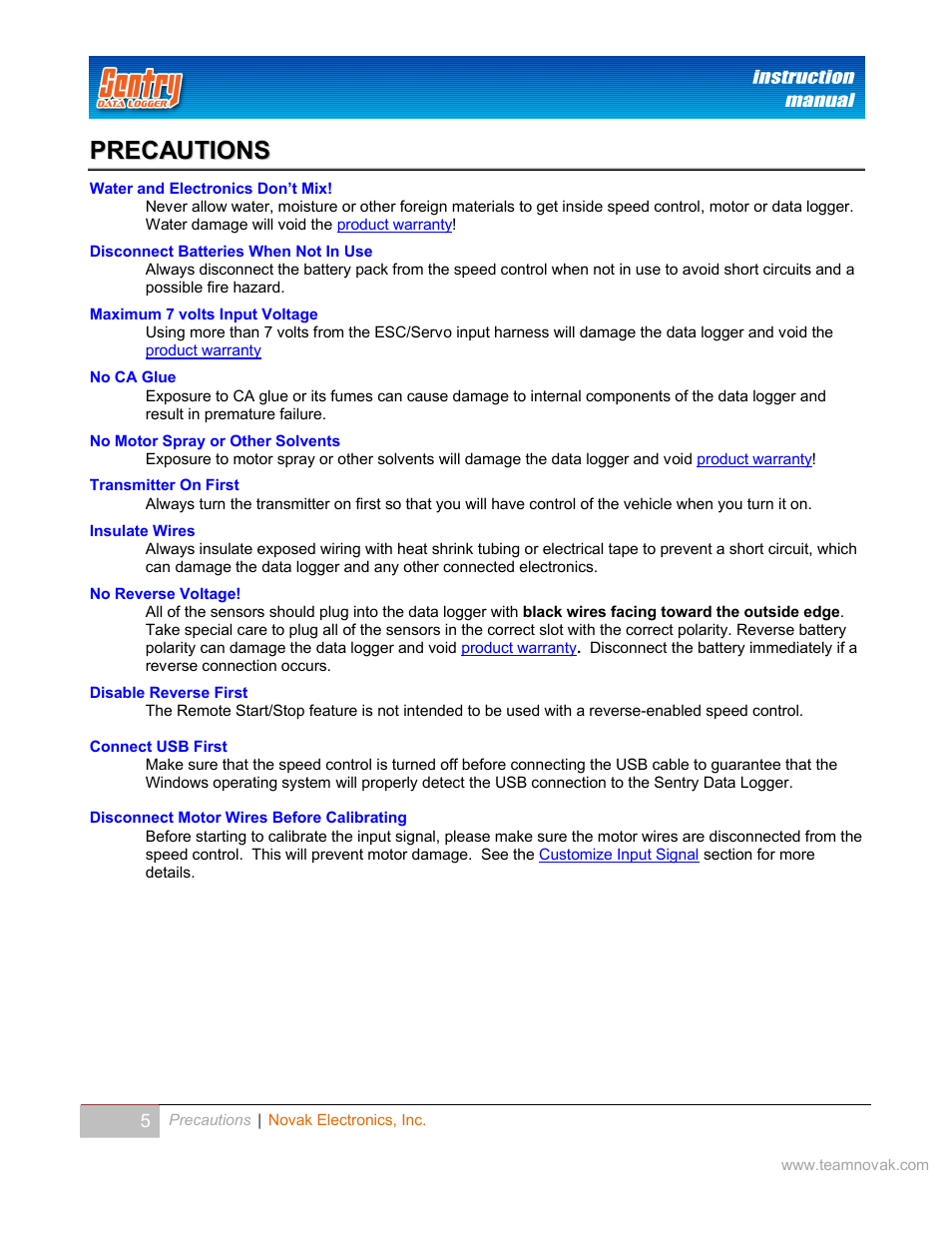 Precautions | Novak Sentry Data Logger User Manual | Page 5 / 35