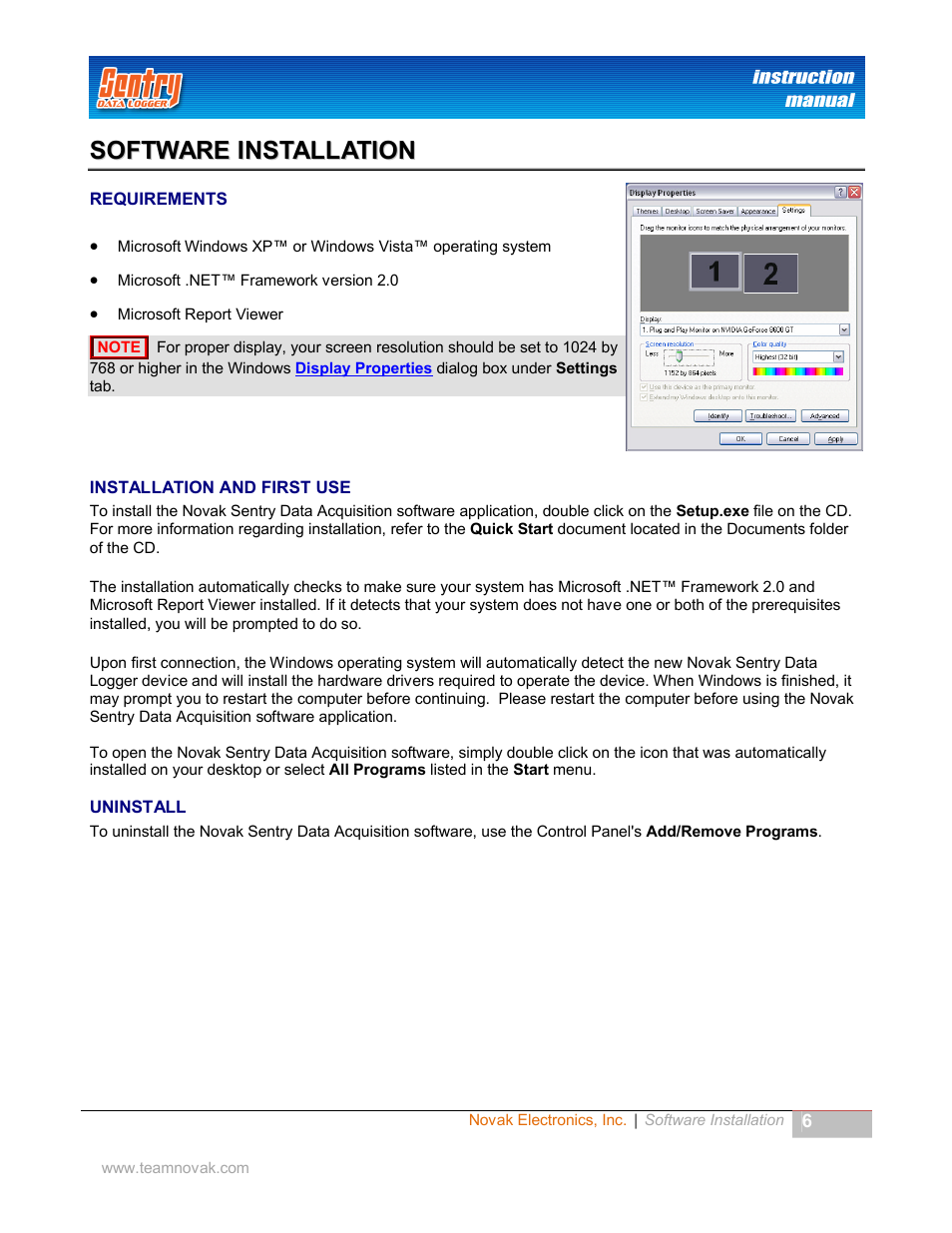 Software installation, Requirements, Installation and first use | Uninstall, Equirements, Nstallation, Irst, Ninstall | Novak Sentry Data Logger User Manual | Page 6 / 35